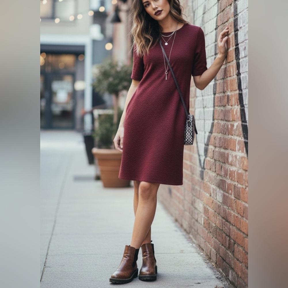 NWOT Burgundy Urban Outfitters Dress Short sleeved textured Size M jewel toned